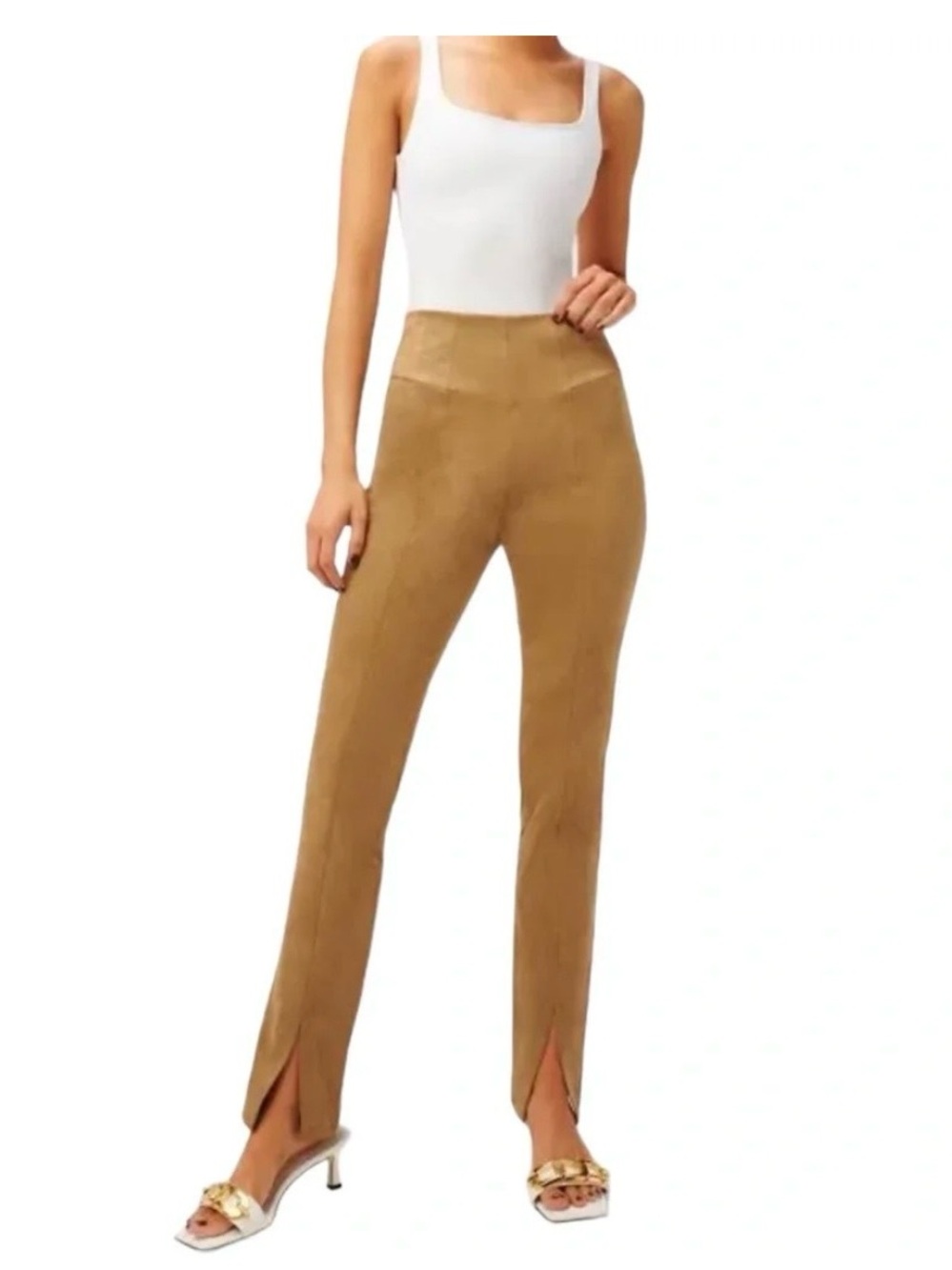 Good American Boss Split Hem Faux Suede Warm Caramel Pants NWT Size 2
